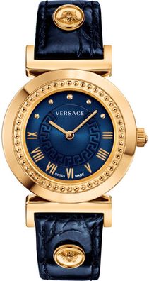 Versace P5Q80D282S282 Vanity Lady roségold blau Leder Armband Uhr Damen NEU