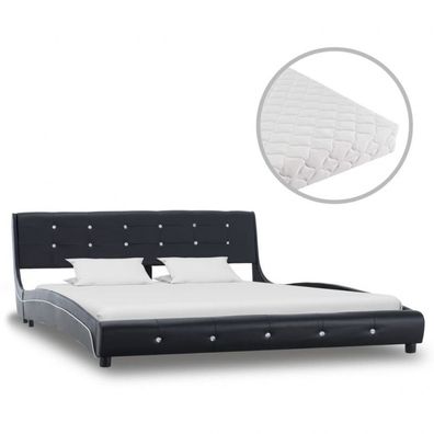 Bett mit Matratze Schwarz Kunstleder 160 x 200 cm (Farbe: Schwarz)