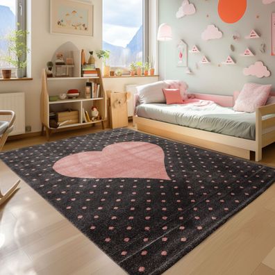 Herz Design Kurzflor Kinderteppich Wohnteppich Kinderzimmer Soft Farbe Grau Pink