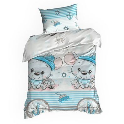 Bettwäsche Kissenbezug für Kinder Bettbezug Bettwaren Set 100x135 cm Mäuse blau Deko