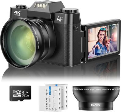 Digitalkamera, Autofokus 4K 48MP Kompaktkamera mit 32GB SD Karte