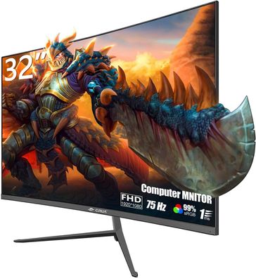 CRUA 32 Inch Curved Computer Monitor, Ultra-Thin Zero Frame, 75Hz FHD 1920x1080p