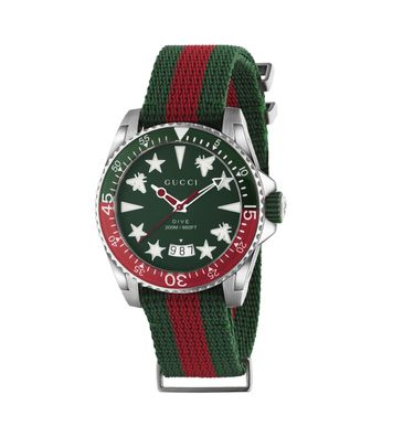 Gucci – YA136339 – Gucci Dive Stahlgehäuse, grüne und rote Lünette, grüne Kautschukkr