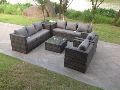 Fimous 8-Sitzer Grau Rattan Sofa Set Couchtisch Arm Stuhl Outdoor Gartenmöbel
