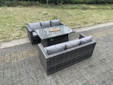 Fimous 6-Sitzer Outdoor PE Rattan Gartenmöbel Gas Feuer Grube Esstisch Set
