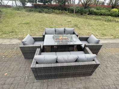 Fimous 8-Sitzer Outdoor PE Rattan Gartenmöbel Gas Feuer Grube Esstisch Set