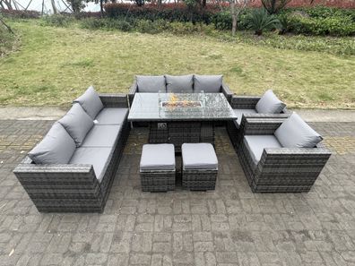 Fimous 10-Sitzer Outdoor PE Rattan Gartenmöbel Gas Feuergrube Esstisch Set