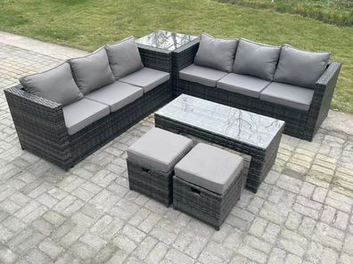 Fimous Rattan Garten Möbel Lounge Sofa Set im Freien mit Beistelltisch 2 Hocker