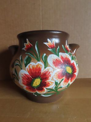 Vase Topf braun mit aufgemalten Blumen ca. 11 cm H