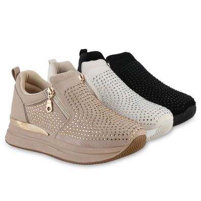 VAN HILL Damen Plateau Sneaker Strass Zipper Profil-Sohle Schuhe 841130