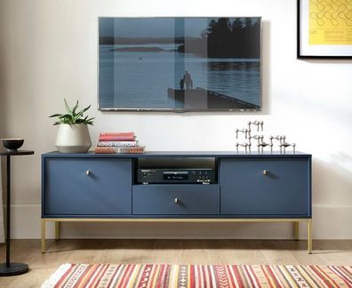 BETTSO TV-Schrank TV-Kommode TV-Möbel für das Wohnzimmer MOLLY Dunkelblau Goldrahmen