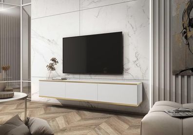 BETTSO TV-Schrank TV-Kommode 3 Türen ORO 175 cm Glattefronten Weiß mit Gold
