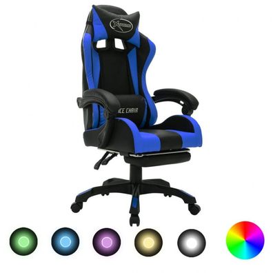 Gaming-Stuhl mit RGB LED-Leuchten Blau und Schwarz Kunstleder (Farbe: Mehrfarbig)