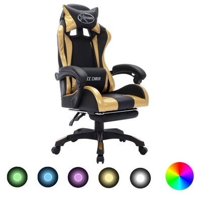 Gaming-Stuhl mit RGB LED-Leuchten Gold und Schwarz Kunstleder (Farbe: Mehrfarbig)
