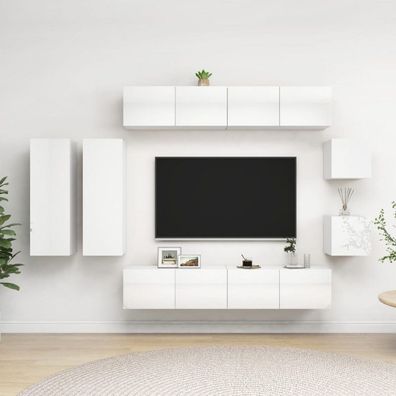 8-tlg. TV-Schrank-Set Hochglanz-Weiß Holzwerkstoff (Farbe: Weiß)