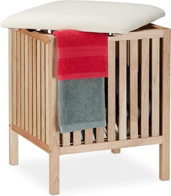 Wäschekorb mit Sitz, Badhocker mit Stauraum, 40 l Wäschesammler, Holz