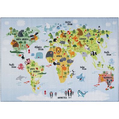 Spielteppich Kurzflor Teppich Kinderteppich Kinderzimmer Weltkarte Tiere Weiss