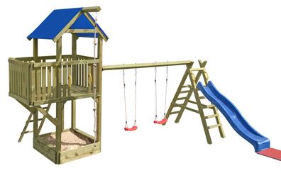 Spielturm K27 inkl. Balkon, Sandkasten, Wellenrutsche und Doppelschaukel - Abmes