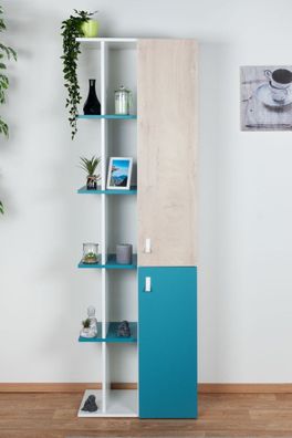 Jugendzimmer - Schrank Aalst 19, Farbe: Eiche / Weiß / Blau - Abmessungen: 190 x