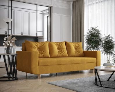 BETTSO Sofa mit Schlaffunktion und Bettkasten Polstersofa Holzbeine FINEL Gelb