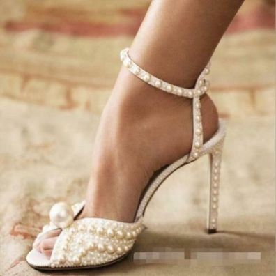 Damen-Sandalen Peep Toe Perlen Knochelriemen Braut Hochzeit Schuhe hohe Absatze N1
