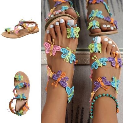 Frauen Strandsandalen Riemchen Flache Sandale Damen Multicolor -Schmetterling