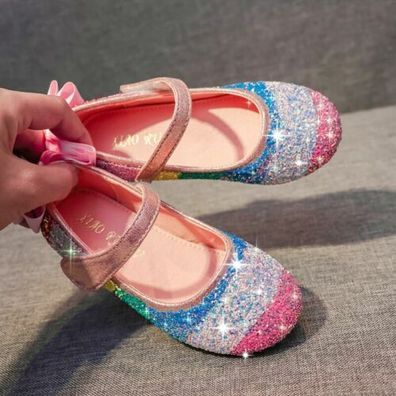 Kinder Madchen Baby Prinzessin Schuhe ausgefallene Party Regenbogen Paillettenschleif