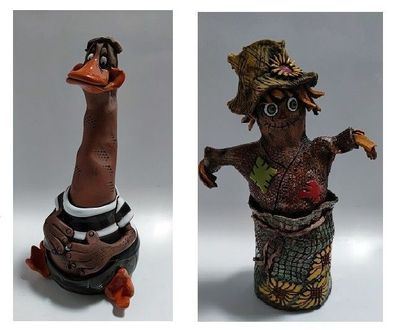 Figuren aus Keramik - Vogelscheuche / Gans, Höhe 28,5 - 32,0 cm