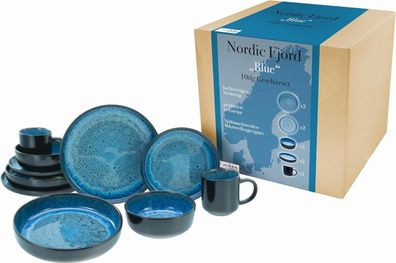 Nordic Fjord 10tlg Blau Geschirrset Kombiset Steinzeug Reaktivglasur CreaTable