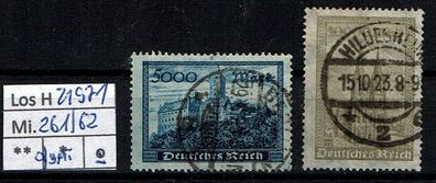Los H21971: Deutsches Reich Mi. 261/62, gest., 261 gepr. INFLA