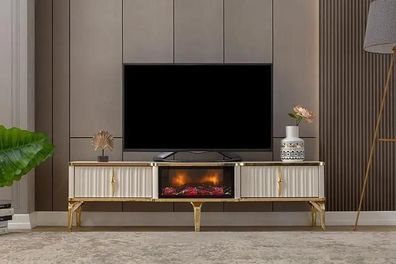 Wohnzimmer TV-Lowboard weiß + gold MDF Sideboard Metall RTV Luxus Neu