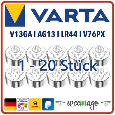 Varta V13GA 13GA AG13 LR44 V76PX LR44 Knopfzellen Batterien Bulkware 1 - 20 Stk