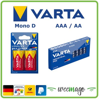 Varta Industrial Pro AA / AAA Batterien Alkaline | Longlife MaxPower Mono D LR20