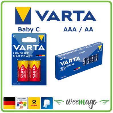 Varta Longlife Max Power Baby C LR14 | AA | AAA Industrial Pro Batterie Alkaline