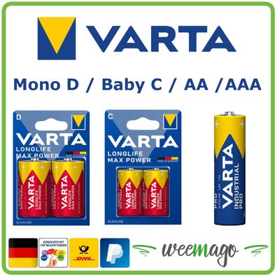 Varta Industrial Pro AA / AAA Batterien | Longlife MaxPower Baby C Mono D