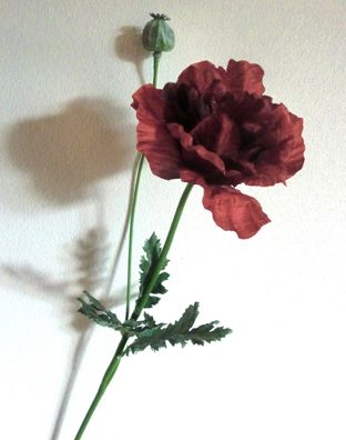 Mohn-Zweig künstlich mit 1 Blüte & 1 Knospe, Burgund, 78 cm hoch