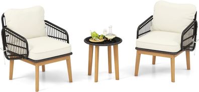 3-teiliges Rattan Terrassenmöbel Set, Sitzgarnitur 2 Korbstühle & Glas Beistelltisch