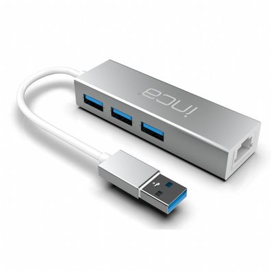 INCA USB-Hub X4 USB 3.0 + Ethernet RJ45 USB-Multiport USB-Adapter Silber