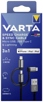 Varta 57937 101 111 Speed Charge & Sync Kabel 3in1 USB , 2 m, schwarz