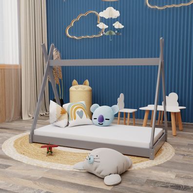 Montessori Kinderbett 160x80cm grau Tipi Spielbett Zeltform Holz bodentief mit ...