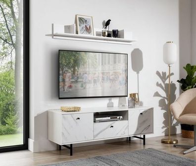 BETTSO TV-Schrank TV-Tisch Schwarz Griffen VERONA 150 Weiß + Weiß Marmor