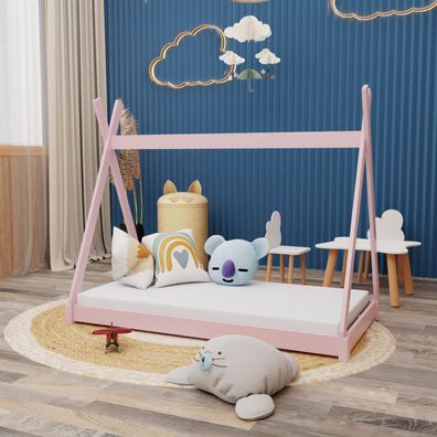 Montessori Kinderbett 160x80cm rosa Tipi Spielbett Zeltform Holz bodentief mit ...
