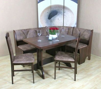 Eckbank mit Truhe 124x165 cm wechselbar, Auszugtisch und 2 Stühle, dunkel camelfarben