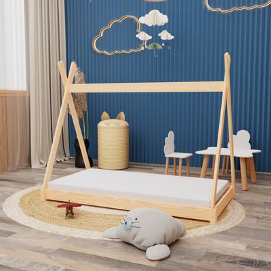 Montessori Kinderbett 160x80cm natur Tipi Spielbett Zeltform Holz bodentief mit ...