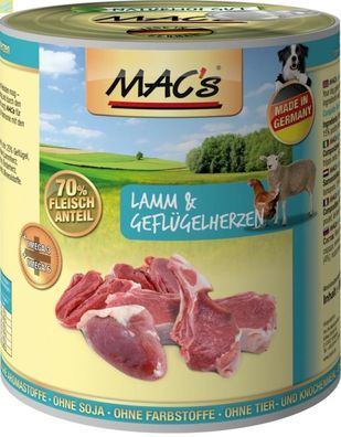 6 x MACs Dog Lamm mit Geflügelherzen 800g