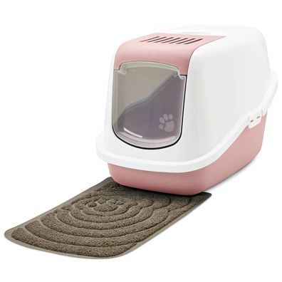 Sparpaket Katzentoilette NESTOR Haubentoilette weiss-rosa mit großer Vorlegematte