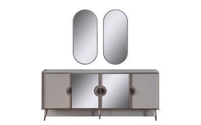 Graue Möbel Garnitur Designer 4-türiges Sideboard Exklusive Spiegel 3tlg