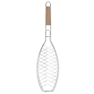 Esschert Design Grill-Fischhalter 58 cm aus Edelstahl & Eschenholz