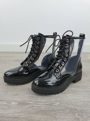 Damen Schuhe Lack Schwarz Durchsichtig Punk Rock Gothic 36-41 Schnürung NEU