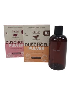 Sause Seifenbrause Duschgel Pulver - Himbeer-Minze + Sandelholz-Rose + Flasche